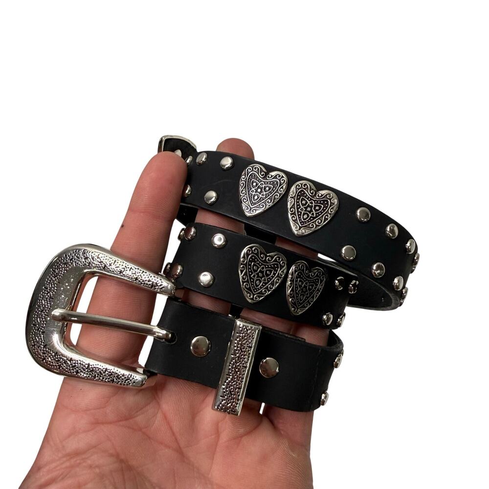 Vintage Black Bonded Leather Belt Hearts Studded Western Cowgirl Style 36” Long